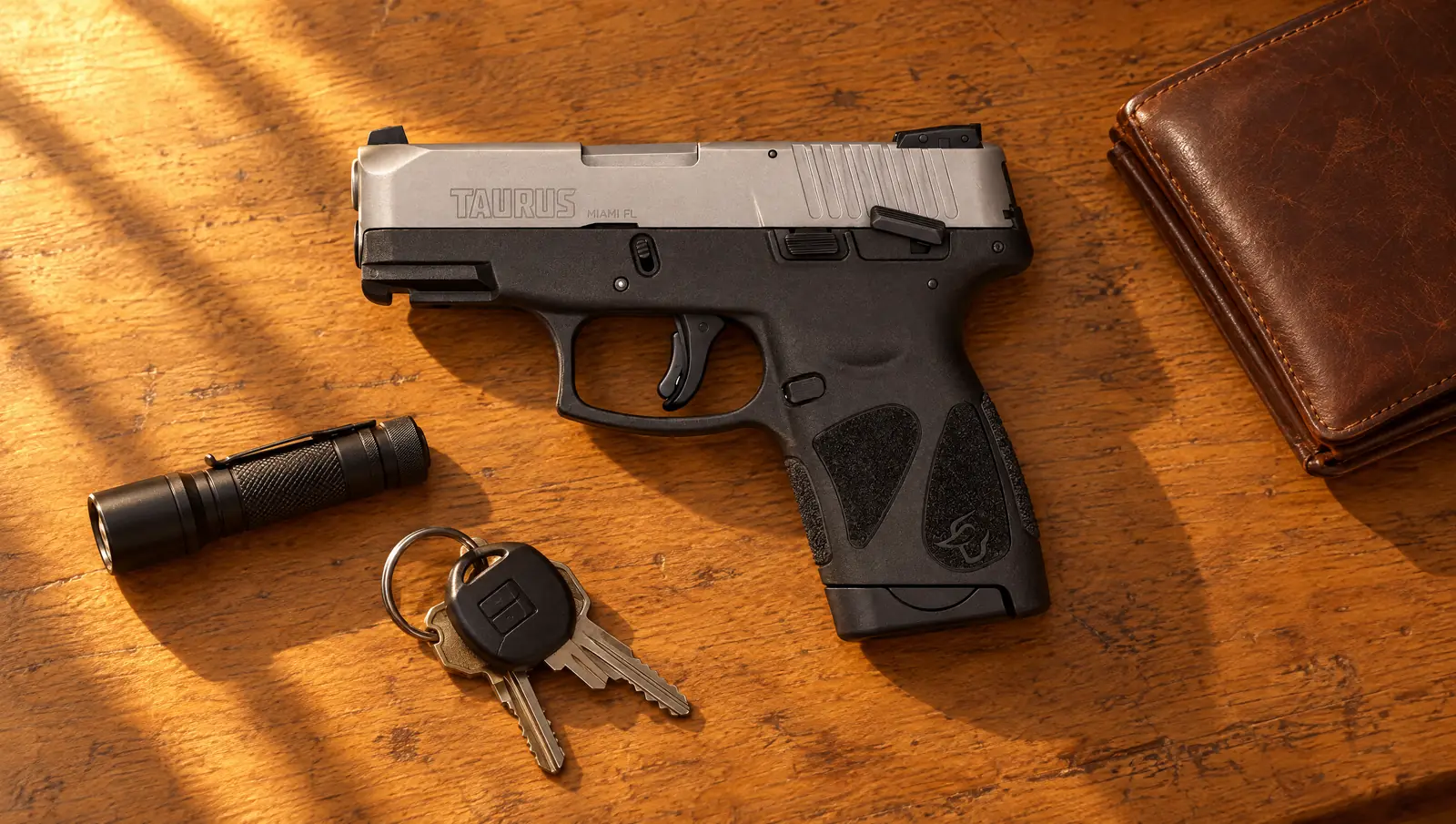 Taurus G2S 1-G2S939 with a matte stainless slide marked TAURUS and a black polymer frame, left side showing the manual safety and slide stop, lying on an oak table beside keys, a flashlight and a wallet