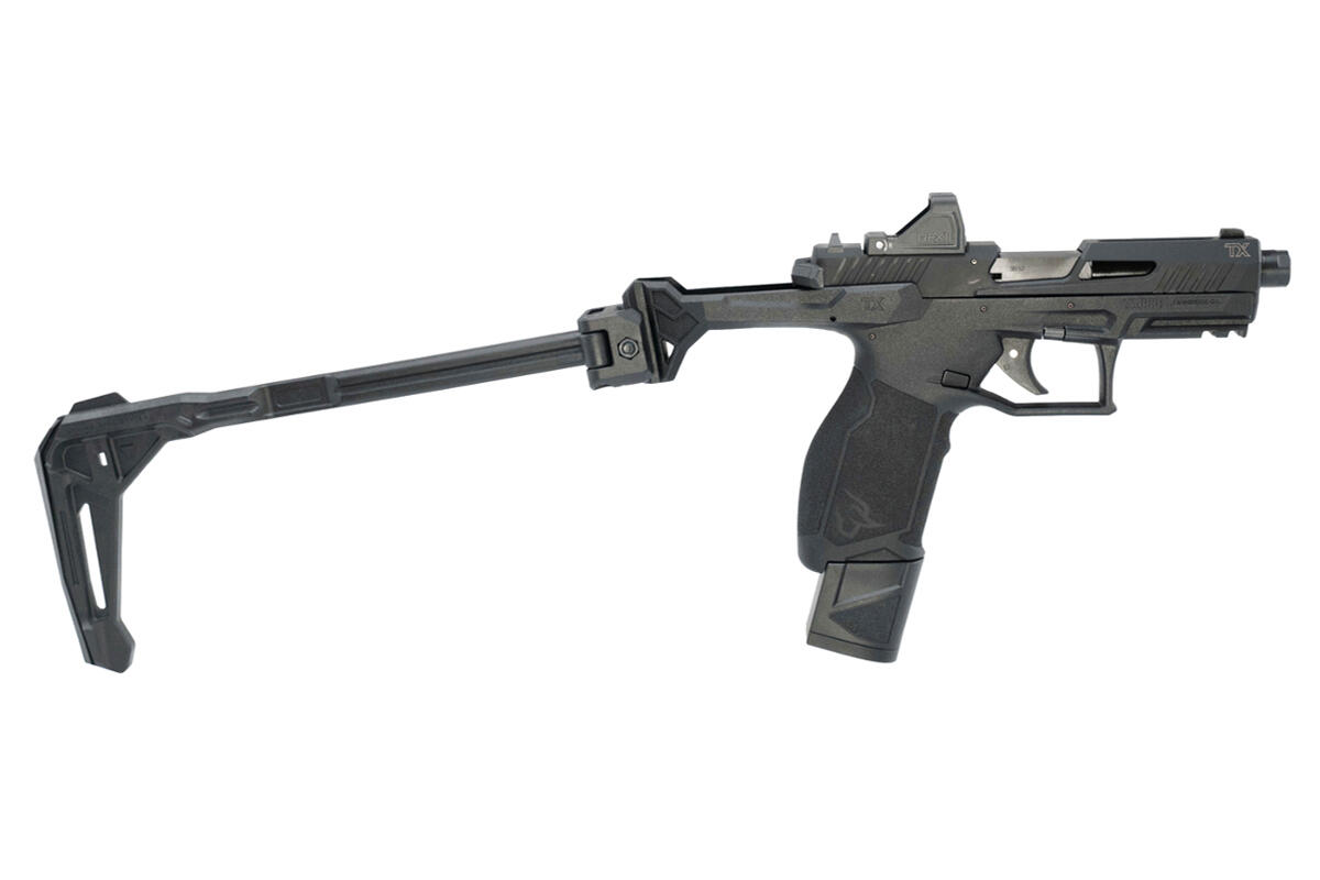 Taurus TX22 with a Strike Industries FSA Lite folding brace, red dot and threaded barrel