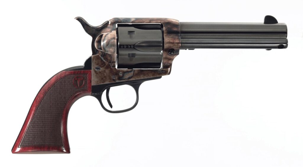 Taylors and Company Smoke Wagon single action revolver with case-hardened frame and checkered grip