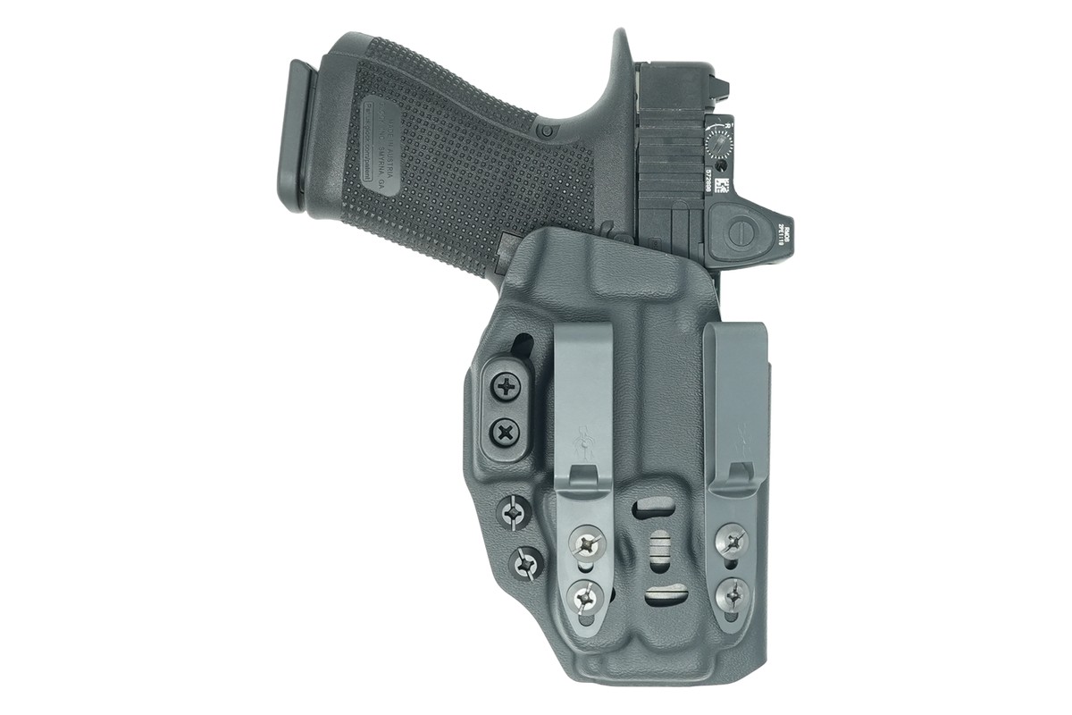 Tenicor CERTUM4 holster for appendix or hip carry with a Glock 19 and red dot, rear view