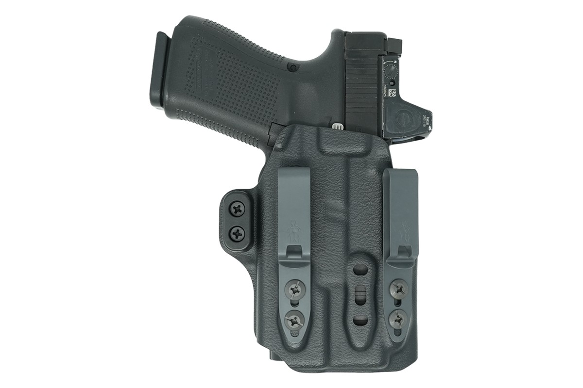 Tenicor VELO LUX light-bearing appendix holster with a Glock and red dot, rear view