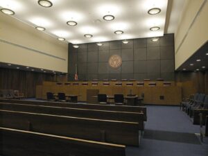 Empty multi-judge courtroom in the James A. Byrne U.S. Courthouse in Philadelphia, home of the Third Circuit