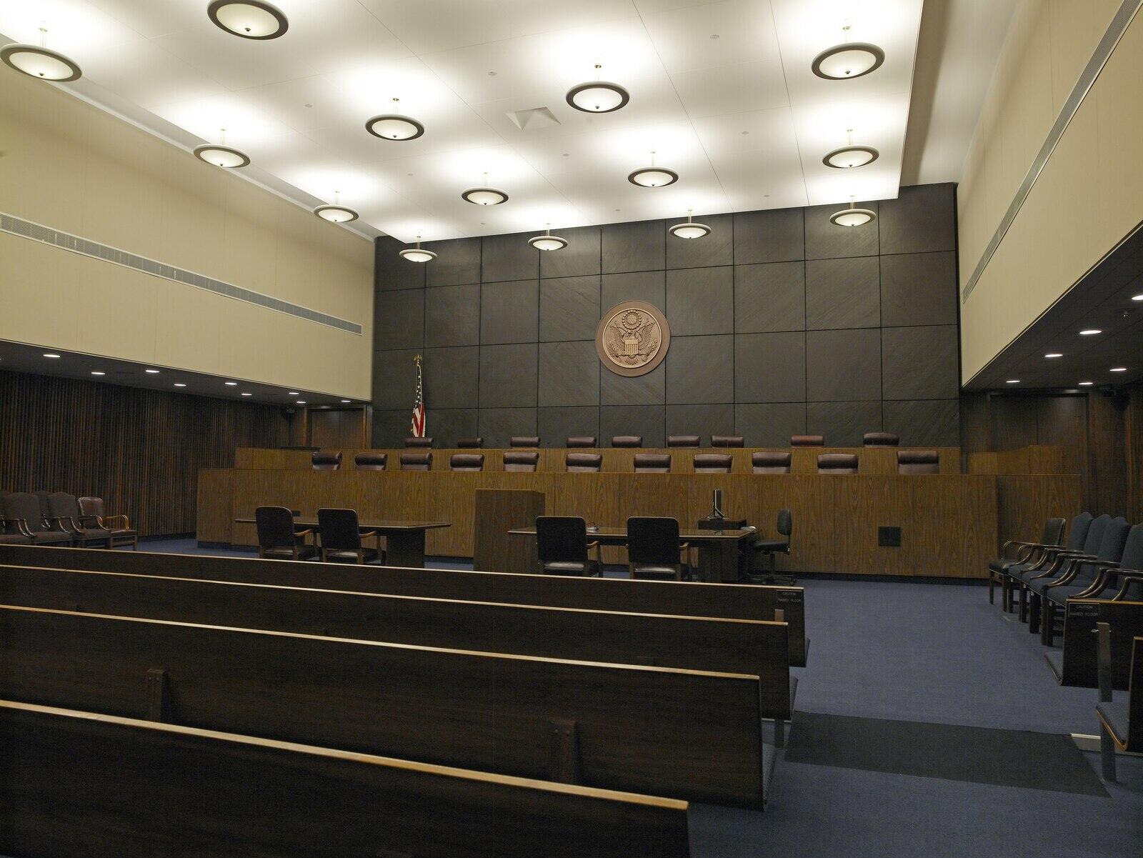 Empty multi-judge courtroom in the James A. Byrne U.S. Courthouse in Philadelphia, home of the Third Circuit