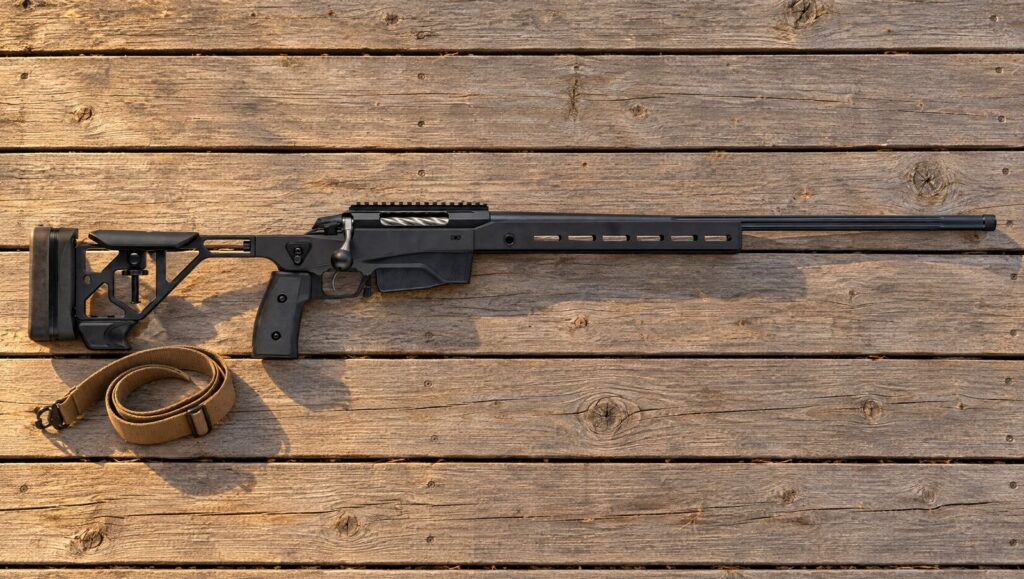 Tikka T3x Ace Game chassis rifle in black with fluted barrel lying flat on cedar deck boards