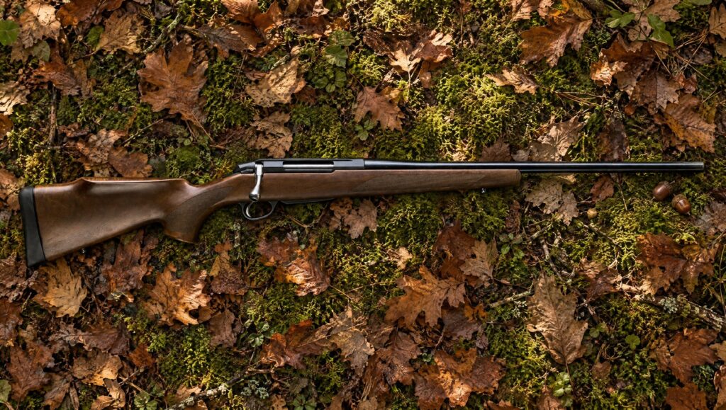 Tikka T3x Forest with walnut Monte Carlo stock and raised cheekpiece lying flat on oak leaves and moss