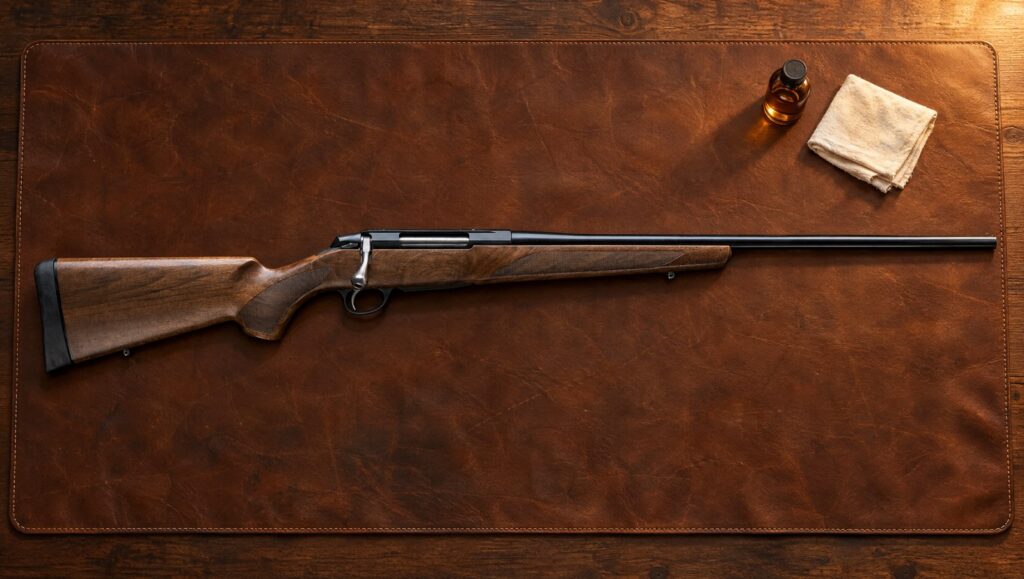 Tikka T3x Hunter with oiled walnut stock and blued barrel lying flat on a brown leather gun mat