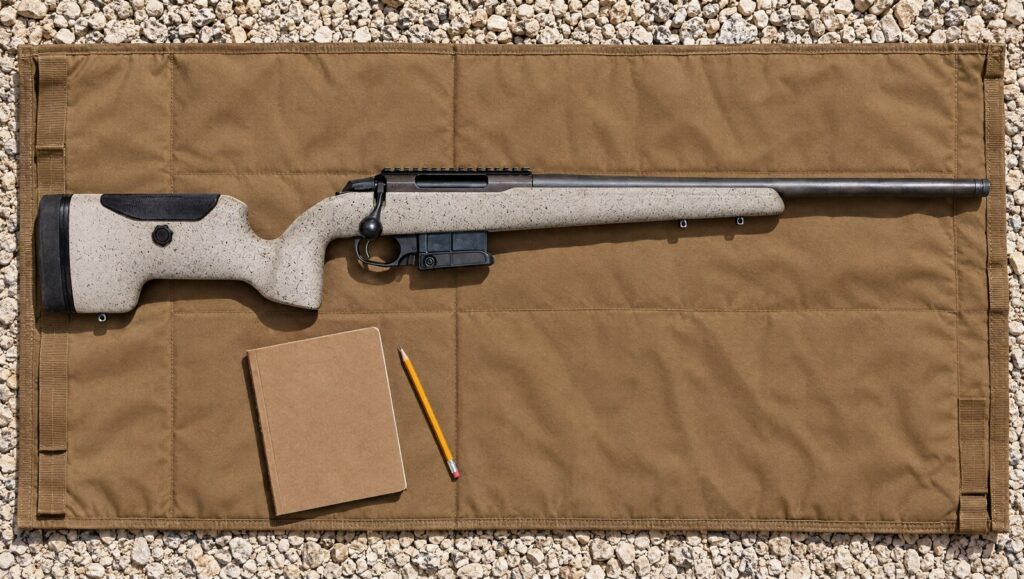 Tikka T3x UPR with sand fiberglass stock, adjustable cheekpiece and 10-round magazine lying flat on a shooting mat