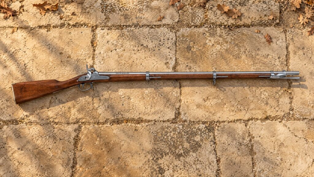 Traditions 1842 Springfield percussion smoothbore musket lying flat on pale limestone flagstones in early sun