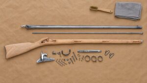 Traditions 1861 Springfield musket kit parts laid out flat on brown paper: barrel, ramrod, bare stock, lock and bands