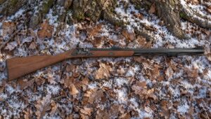 Traditions Deerhunter flintlock rifle with a hardwood stock lying on frosted leaves in deer woods