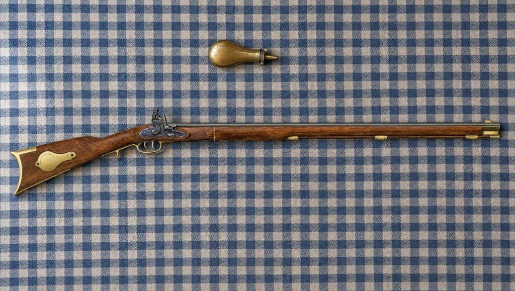 Kentucky rifle: a Traditions Deluxe Kentucky flintlock lying flat on a blue and cream checked wool coverlet