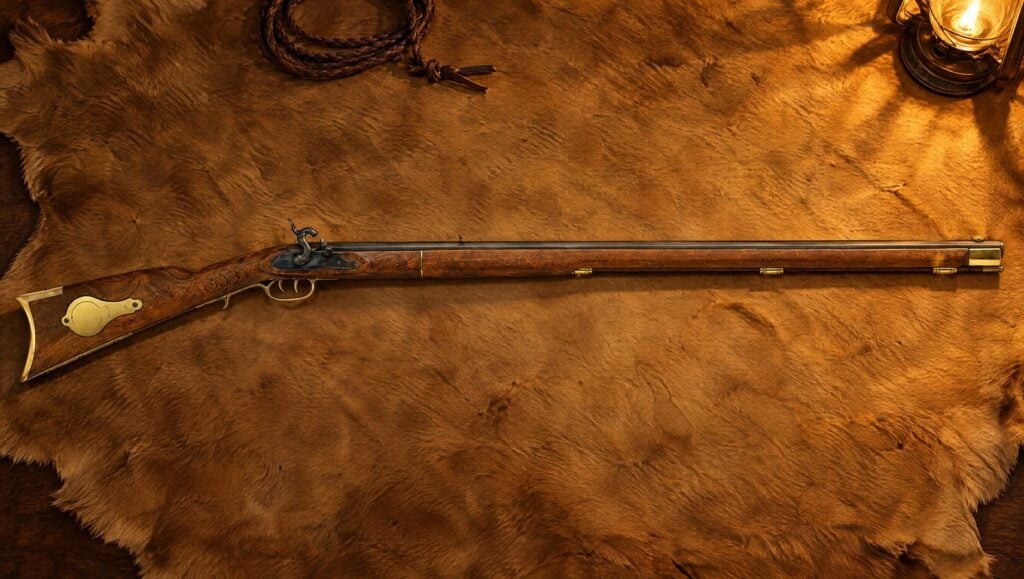 Traditions Deluxe Kentucky percussion rifle with a brass patch box lying flat on a tanned deerskin in lantern light