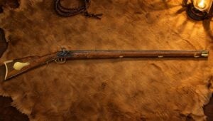 Traditions Deluxe Kentucky percussion rifle with a brass patch box lying flat on a tanned deerskin in lantern light