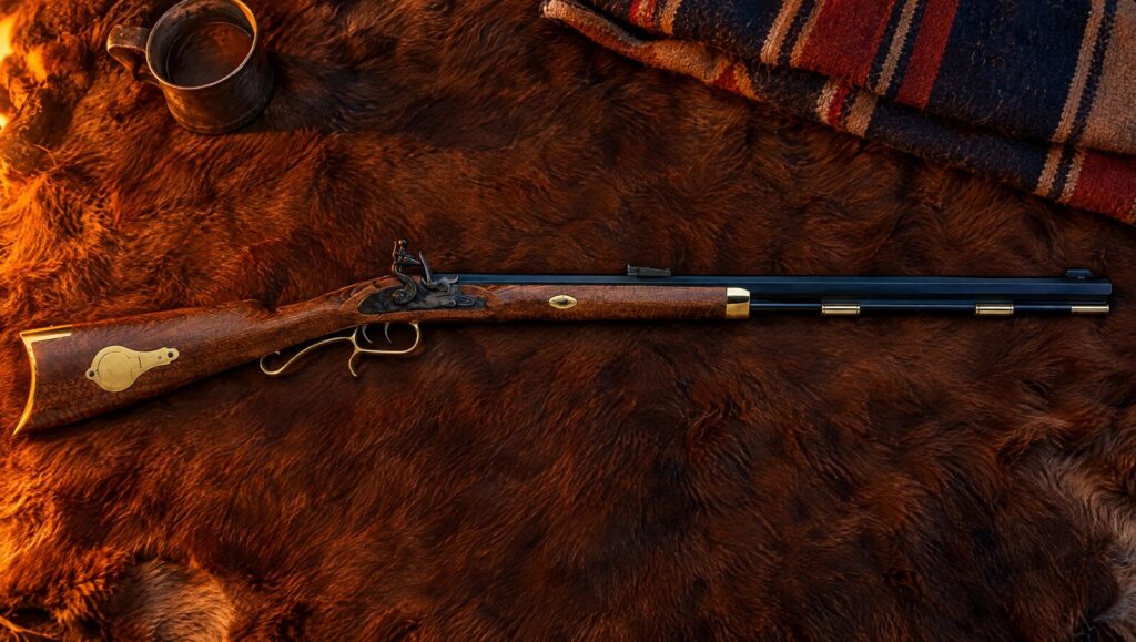Traditions Hawken Woodsman flintlock rifle lying on a buffalo hide in firelight at dusk