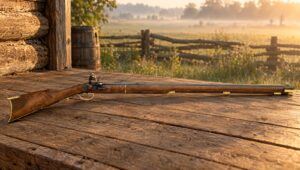 Flintlock guns: a Traditions Kentucky flintlock rifle lying on a log cabin porch at sunrise