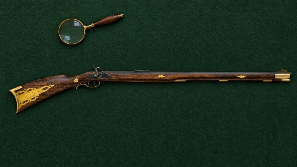 Traditions Pennsylvania percussion rifle with a pierced brass patch box lying flat on green felt beside a magnifying glass