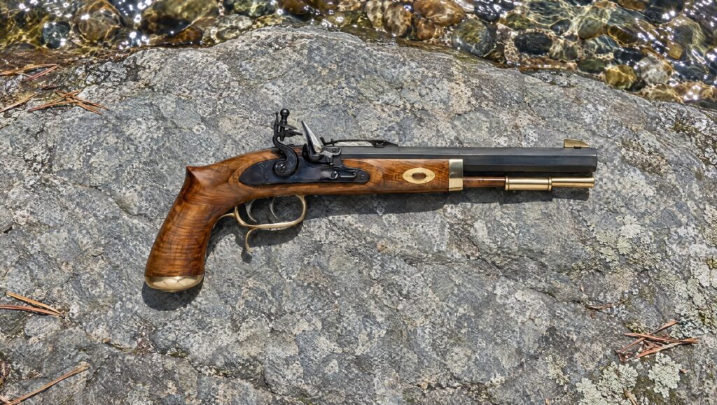 Traditions Trapper flintlock pistol lying flat on a river rock beside a mountain stream