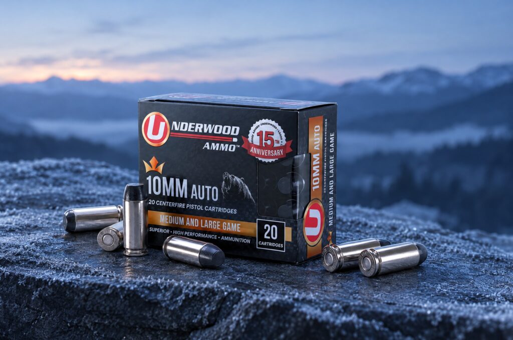 Underwood 10mm Auto hard cast flat nose box and cartridges on a frosted stone ledge at dawn above a valley