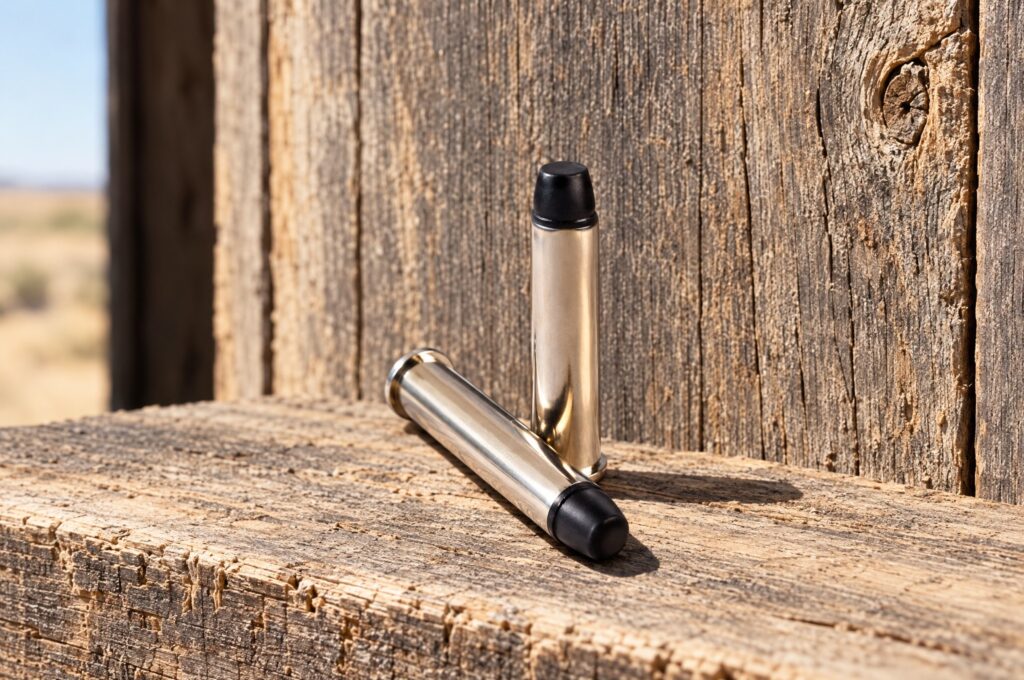 Two Underwood 45-70 Government +P 430 grain long flat nose hard cast cartridges on a sunlit barn plank shelf
