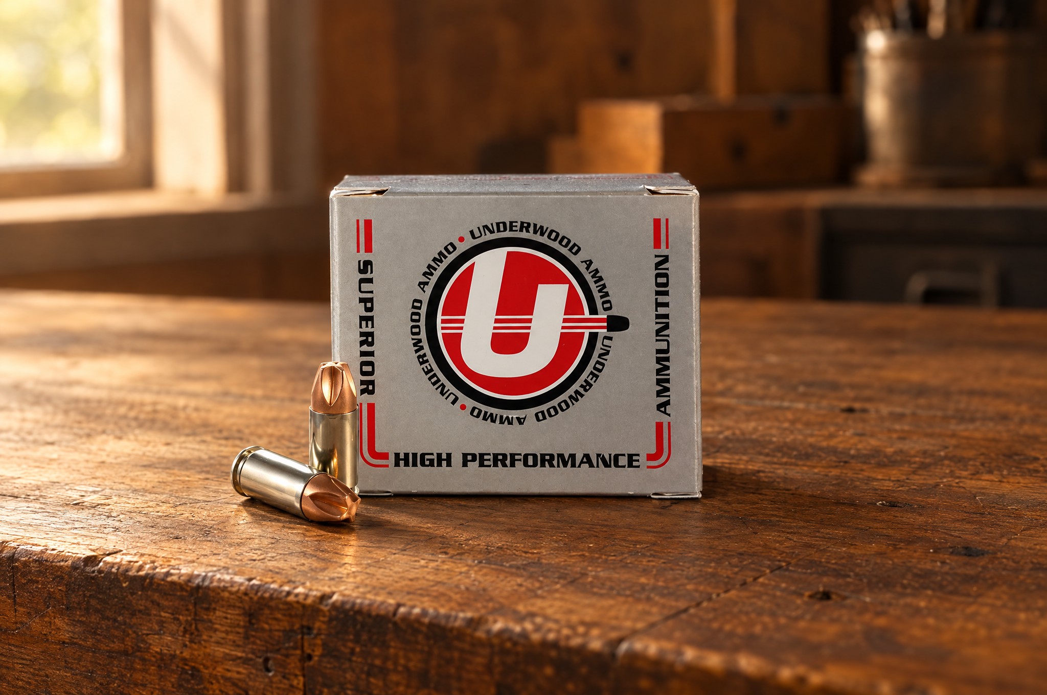 Underwood Ammo review: Xtreme Defender 9mm Luger +P 90 grain box and two fluted copper cartridges on a walnut workbench