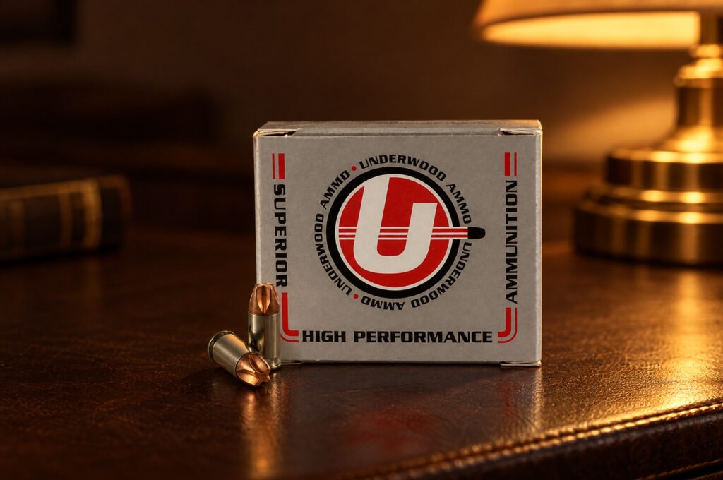 Underwood Xtreme Defender 380 ACP 68 grain box and two fluted copper cartridges on a leather nightstand by lamplight