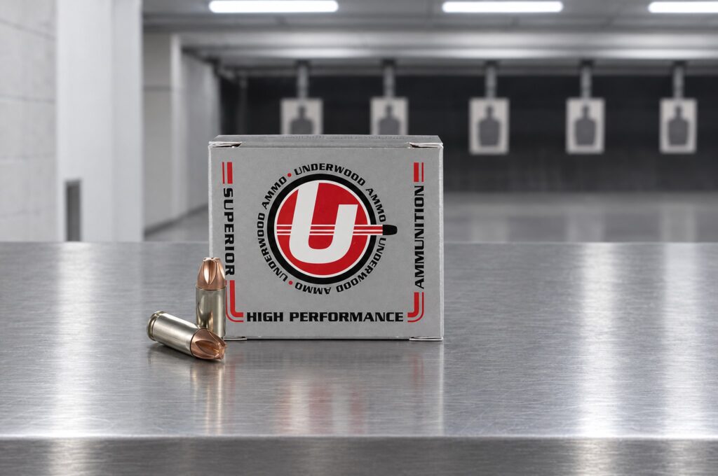 Underwood Xtreme Defender 9mm Luger +P 68 grain box and cartridges on a steel table at an indoor range