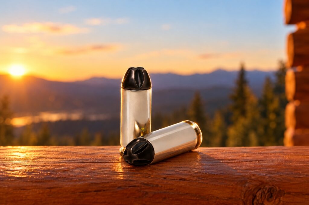 Two Underwood Xtreme Penetrator Platinum Edition 10mm Auto 140 grain cartridges with black coated noses on a cabin porch rail at sunset