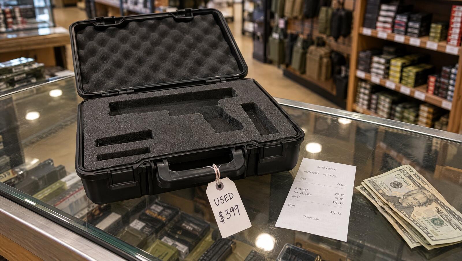 Open black hard pistol case with an empty foam cutout and a used price tag on a gun shop counter beside a receipt and cash