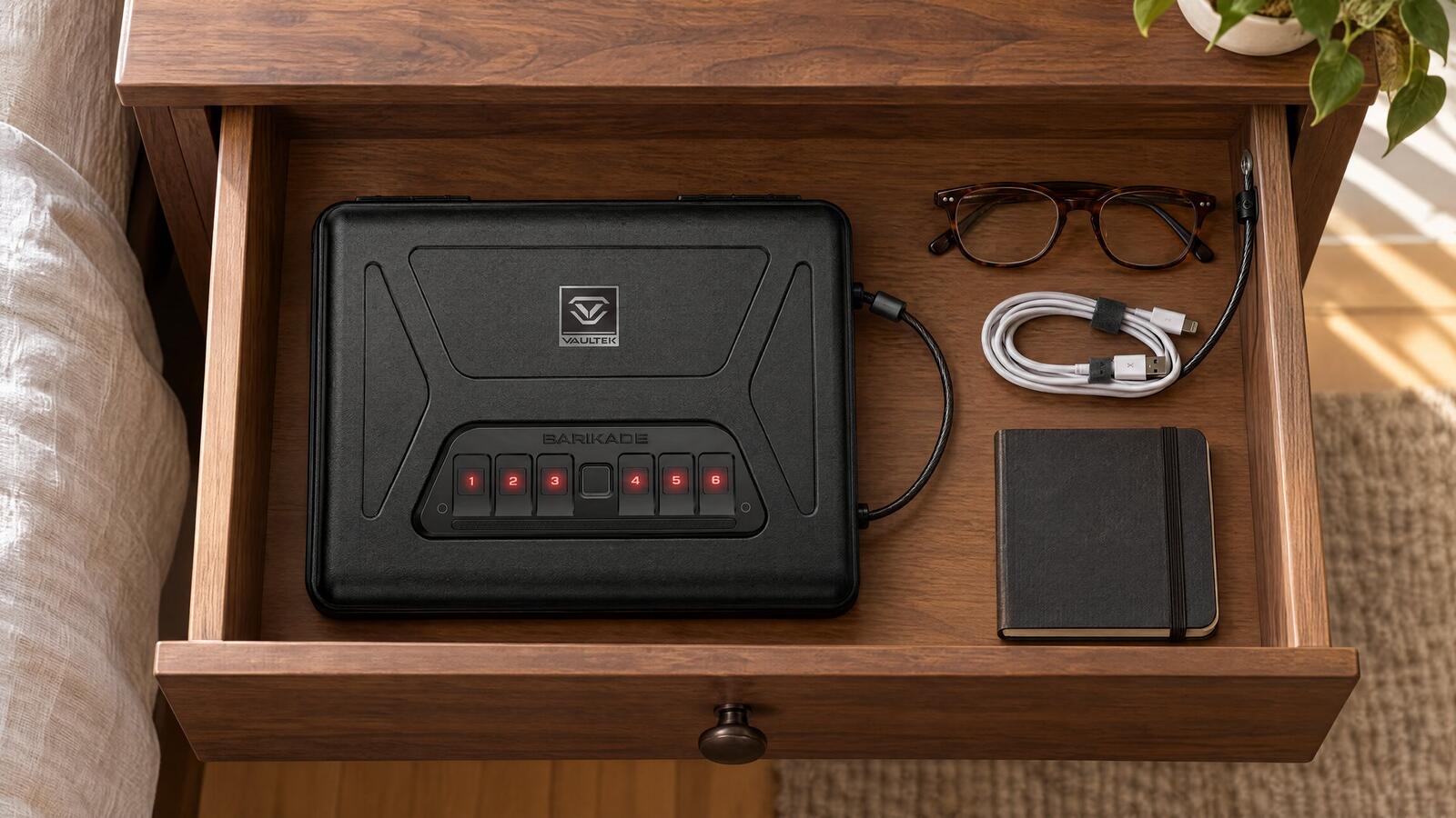 Vaultek Barikade Series 2 biometric pistol safe lying in an open walnut nightstand drawer with a security cable