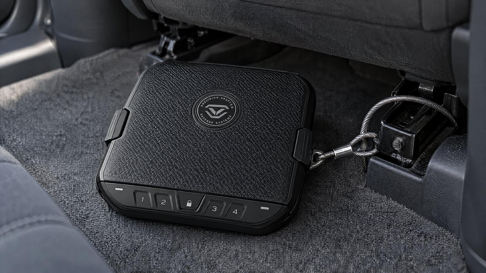 Vaultek LifePod 20 portable gun safe on a car floor under the front seat, cabled to the seat rail