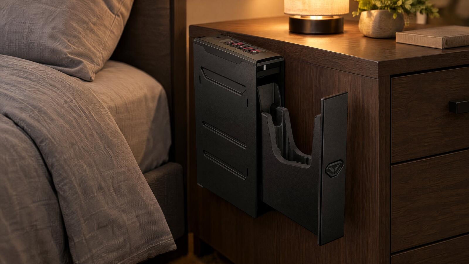 Vaultek Slider pistol safe mounted on the side of a wooden nightstand with its drawer slid open and empty