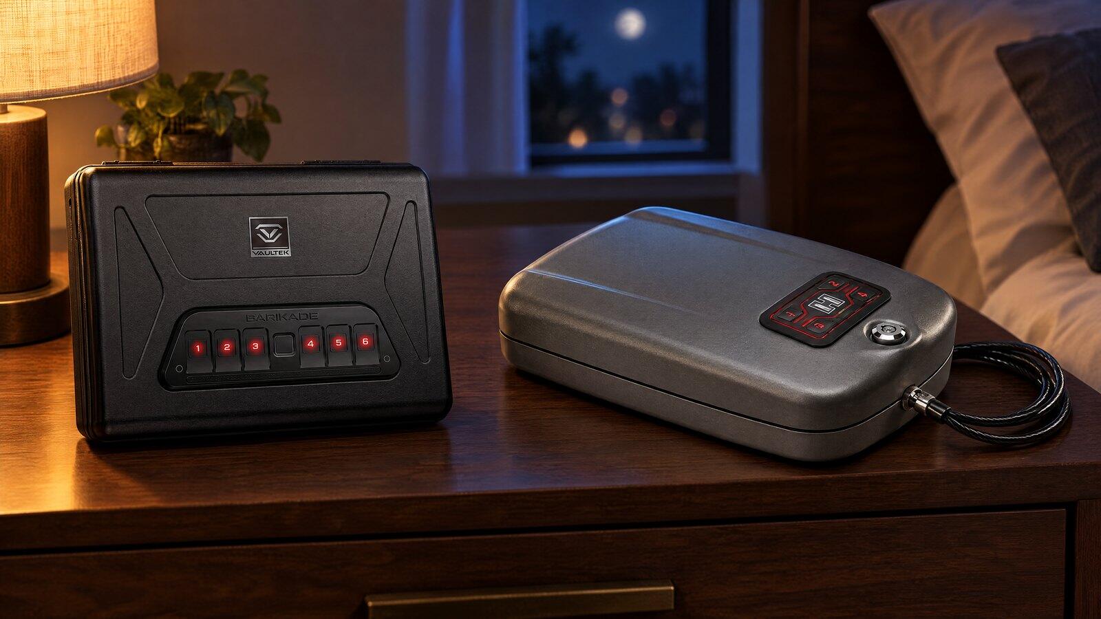 Vaultek Barikade Series 2 and Hornady RAPiD 2700KP handgun safes side by side on a bedroom nightstand at night