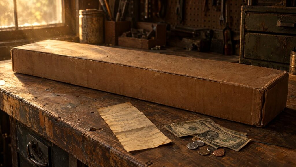 Faded closed vintage cardboard long gun box on a garage workbench with an old paper receipt and dollar bills in warm light