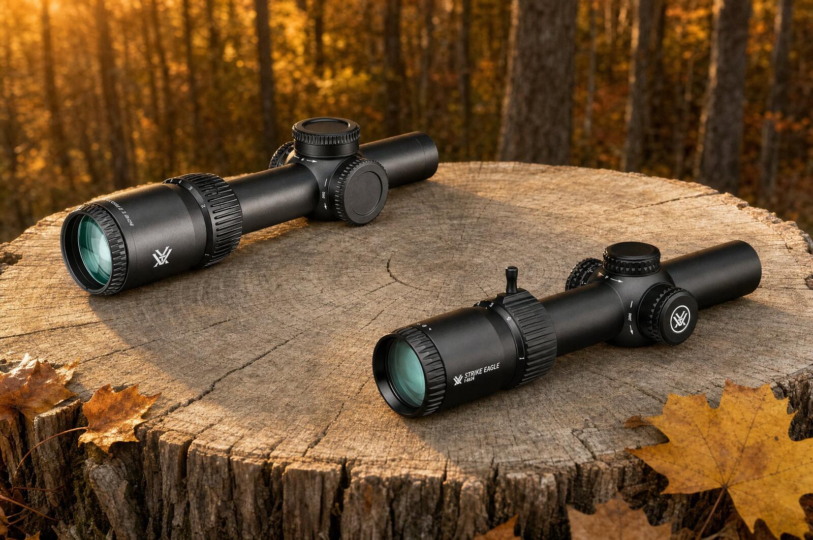 First focal plane vs second focal plane: the Vortex Strike Eagle 1-8x24 FFP and the 1-8x24 SFP side by side on an oak stump in autumn