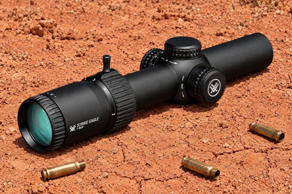 A Vortex Strike Eagle 1-8x24 LPVO rifle scope resting on red clay with spent brass