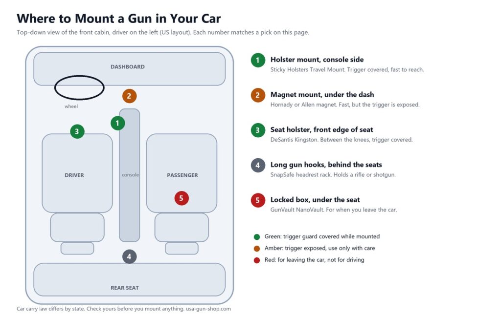 Diagram of a car cabin from above showing five places to mount a gun: console holster mount, under-dash magnet, seat holster, headrest long gun hooks and an under-seat lockbox