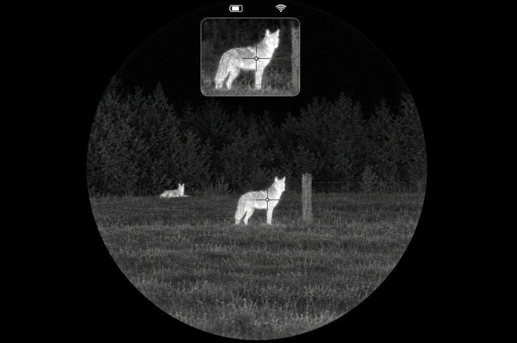 White hot thermal view through a round eyepiece of two coyotes, one standing by a fence post with a crosshair on its chest and a picture-in-picture window above
