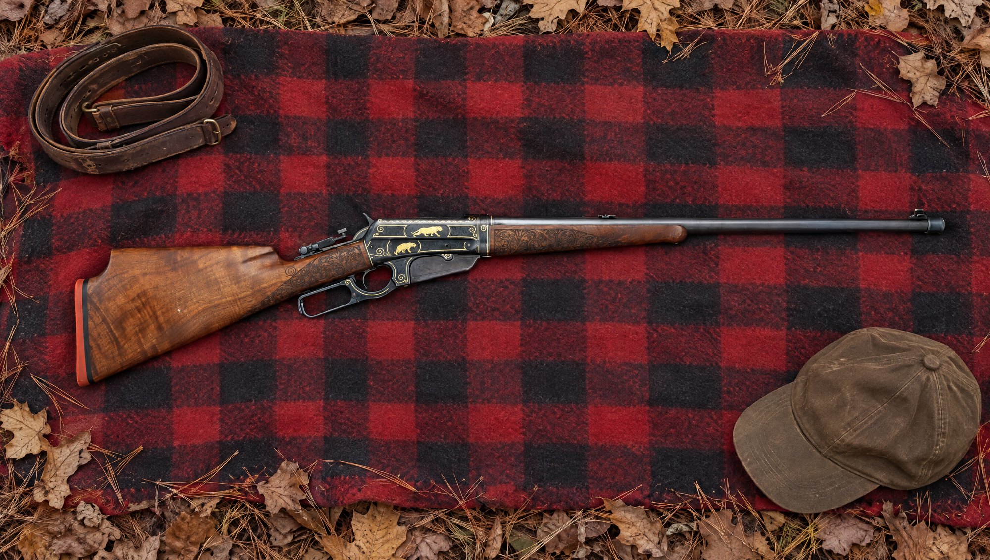 Engraved Winchester Model 1895 lever-action rifle lying on a checked wool blanket