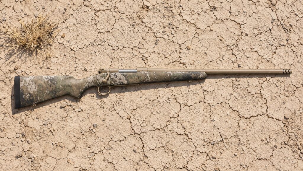 Winchester Model 70 Extreme Hunter Strata MB with Strata camo stock and Flat Dark Earth barrel lying flat on cracked desert clay