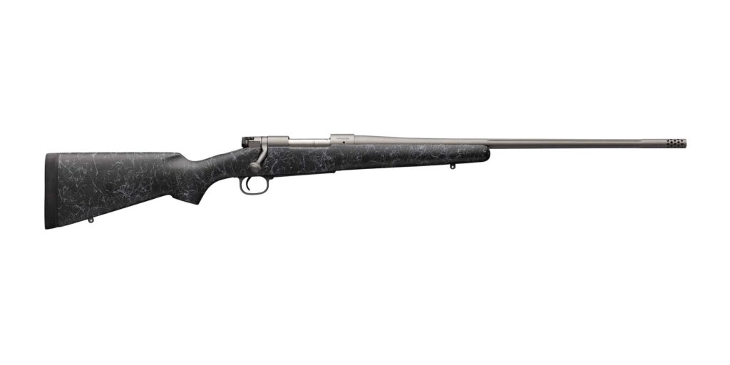 Winchester Model 70 Extreme Tungsten MB with Tungsten Cerakote barrel, muzzle brake and gray composite stock, side view