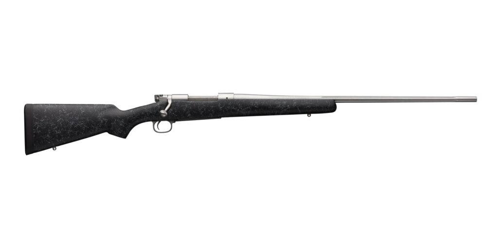 Winchester Model 70 Extreme Weather SS with stainless fluted barrel, no muzzle brake and gray composite stock, side view