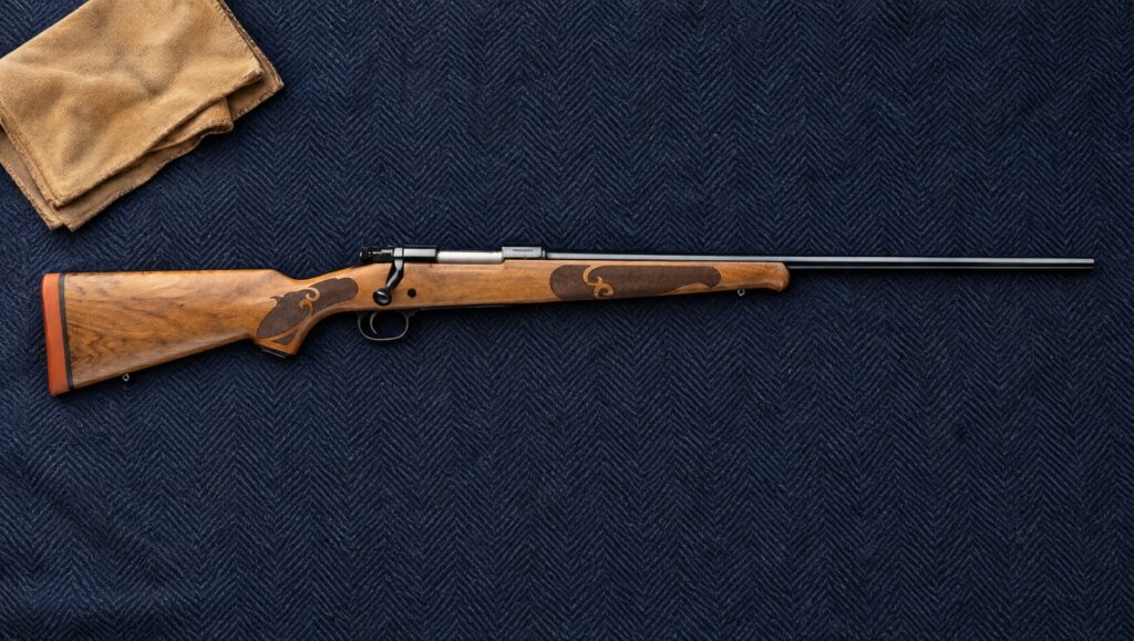 Winchester Model 70 Featherweight AA French with light French walnut stock and blued barrel lying flat on a navy wool blanket