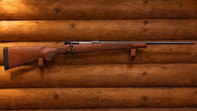 Winchester Model 70 Featherweight resting on a wooden wall rack on a log cabin wall, right side, with walnut stock and blued barrel