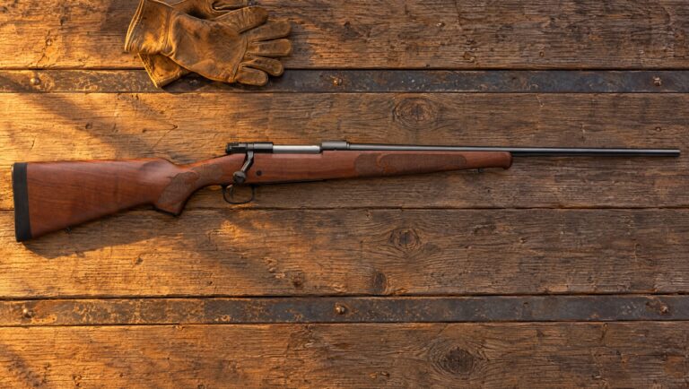 Winchester Model 70 Featherweight lying flat on the weathered wood planks of a truck tailgate in low evening sun, right side, with walnut stock and blued barrel