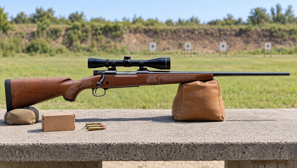 Winchester Model 70 Featherweight with a scope resting on sandbags on a concrete range bench, beside a plain cartridge box and three rifle cartridges