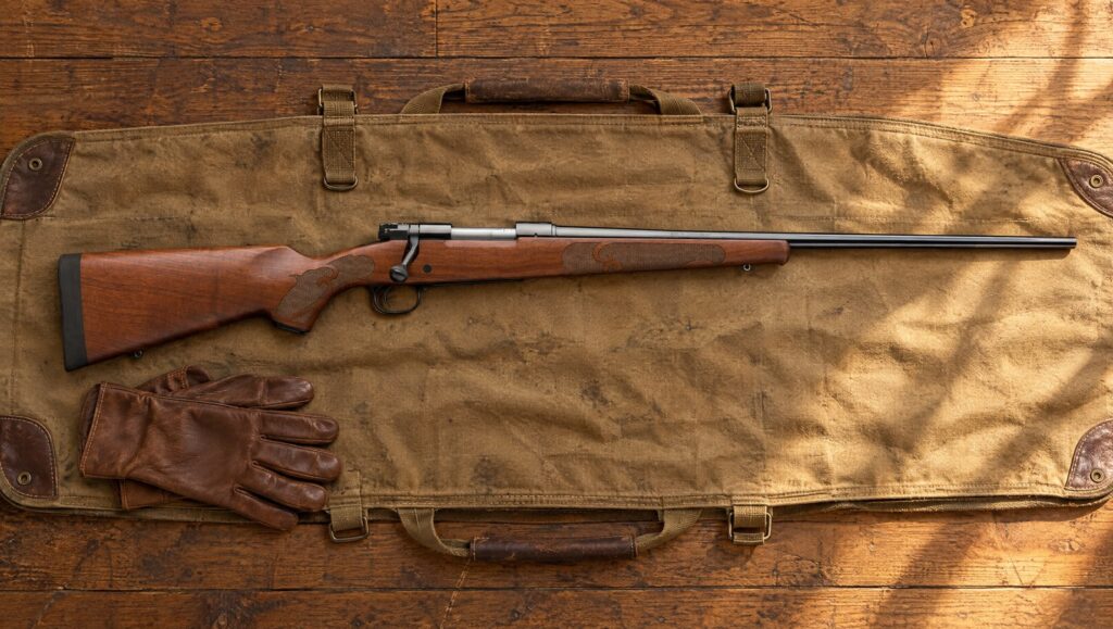 Winchester Model 70 Featherweight with satin walnut stock and Schnabel fore-end lying flat on a tan canvas gun case