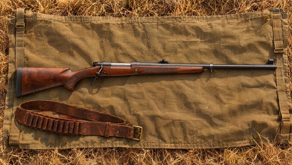 Winchester Model 70 Safari Express with walnut stock, two crossbolts and express rear sight lying flat on a khaki canvas bedroll