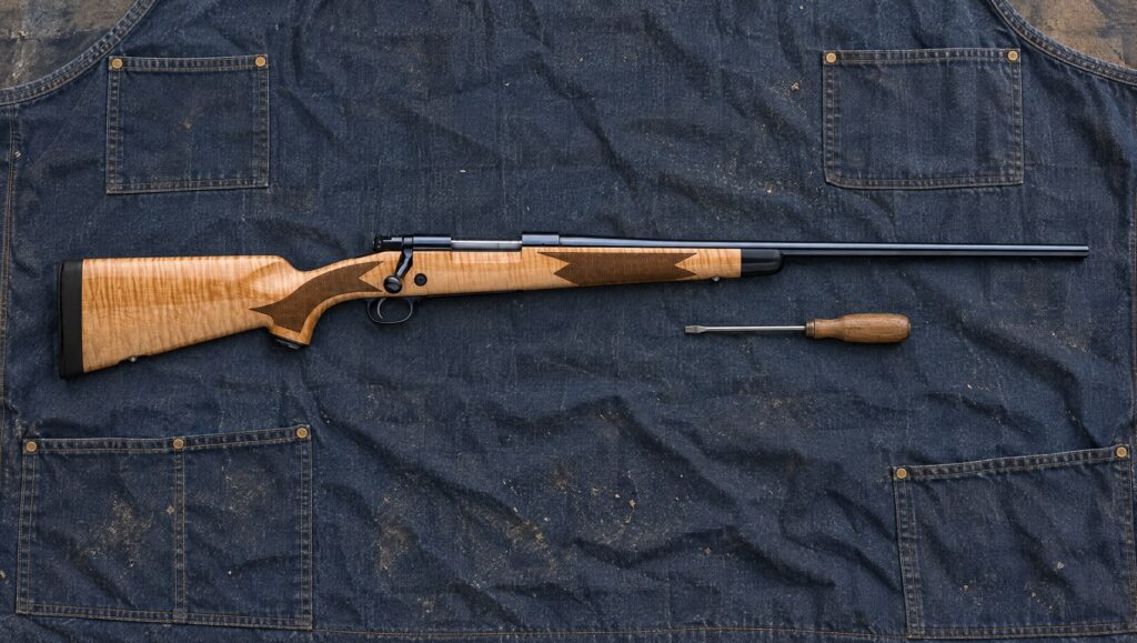 Winchester Model 70 Super Grade Maple with blond maple stock and gloss blued barrel lying flat on a blue denim apron