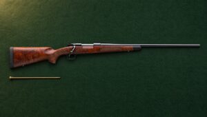 Winchester Model 70 Super Grade with figured walnut stock and gloss blued barrel