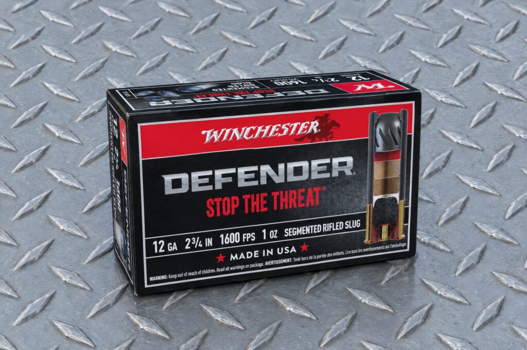 Winchester Defender S12PDX1S 12 gauge 1 oz segmented rifled slug box on a diamond plate truck toolbox lid